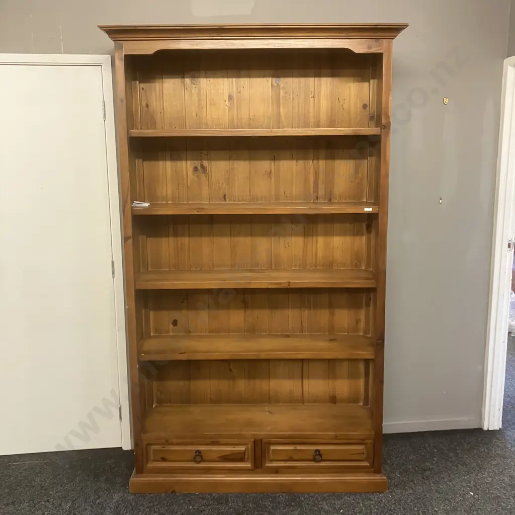 Large Recycled Pine Bookcase With 2 Drawers In Base, 4 Shelves. H211 W127 D37cm Image 1++