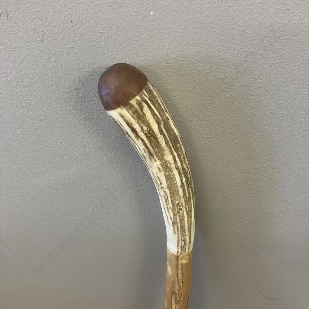 Walking Stick With Slightly Curved Antler & Wood Handle. 139cm Image 1++