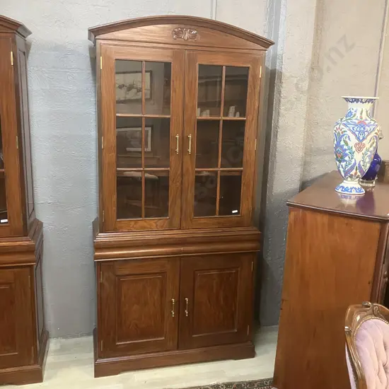 Modern Mahogany Glazed Bookcase On Double Door Base, Glass Doors, Domed & Carved Top. 2 Piece H208 W101 D39cm