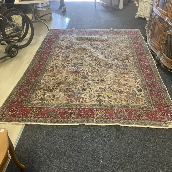 Large Vintage Persian Rug With Animal & Horse Hunting Patterns. 224 x 318cm (Been Repaired)