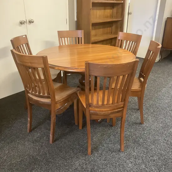 Round Rimu Pedestal Dining Table (76 x 119cm) With Set of 6 Wooden Vertical Slat Curved Back Dining Chairs
