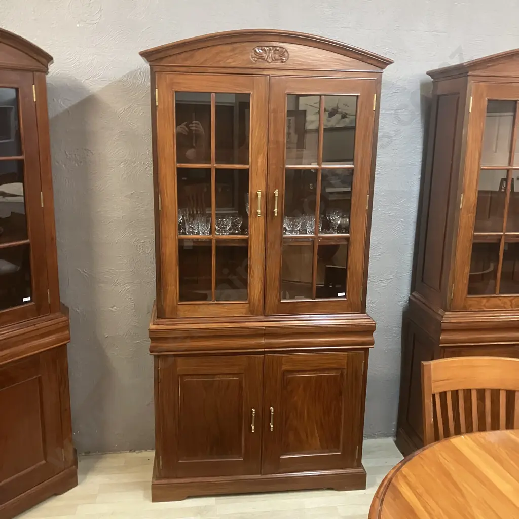 Modern Mahogany Glazed Bookcase On Double Door Base, Glass Doors, Domed & Carved Top. 2 Piece H208 W101 D39cm Image 1++