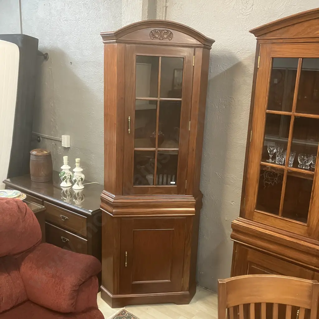 Modern Mahogany Curio / Display Corner Cabinet, Glass Door, Domed & Carved Top. 2 Piece H205 W77 D52cm Image 1++