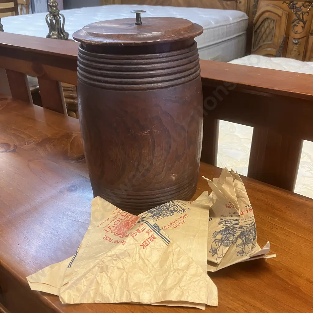 Dutch Antique Treen Tobacco Jar With Lid & Vintage Tobacco Wrappers. 29 x 20cm Image 1++