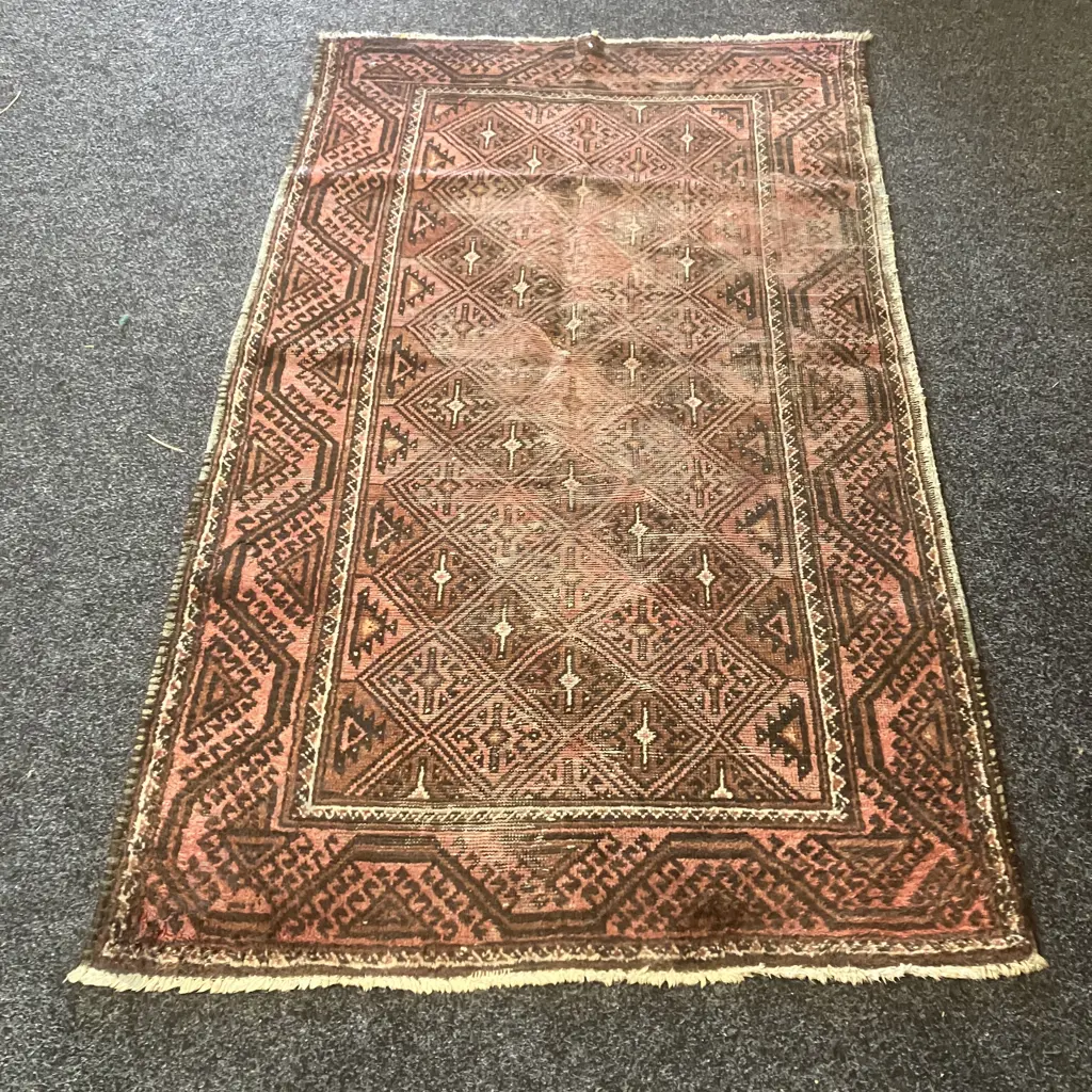 Vintage Persian Rug. 186 x 110cm Brown, Black, Pink Tones ( Worn) Image 1++