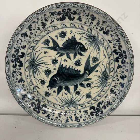 Oriental Themed Blue & White Plate Dia46cm. Fish & Floral Detail