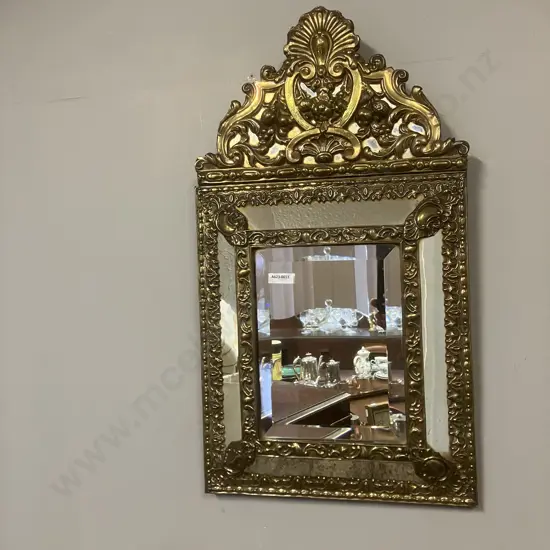 Antique Parclose Mirror In Repousse Brass Structure. 60 x 33cm