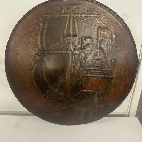 Round Vintage Oak Leather Domed Artwork Dia58cm.