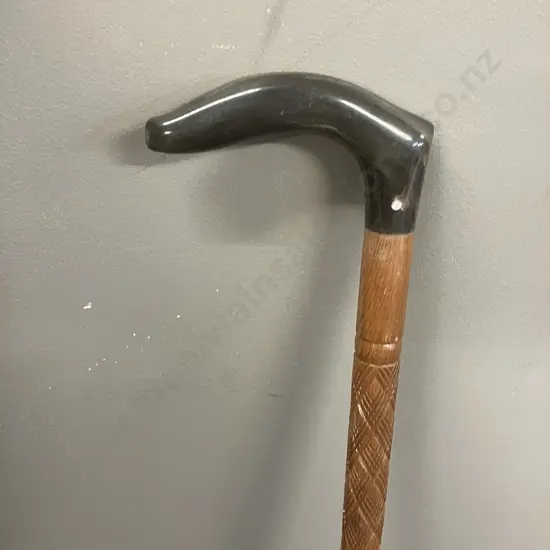 Vintage Walking Stick With Carved Shaft & Resin Handle. H94cm