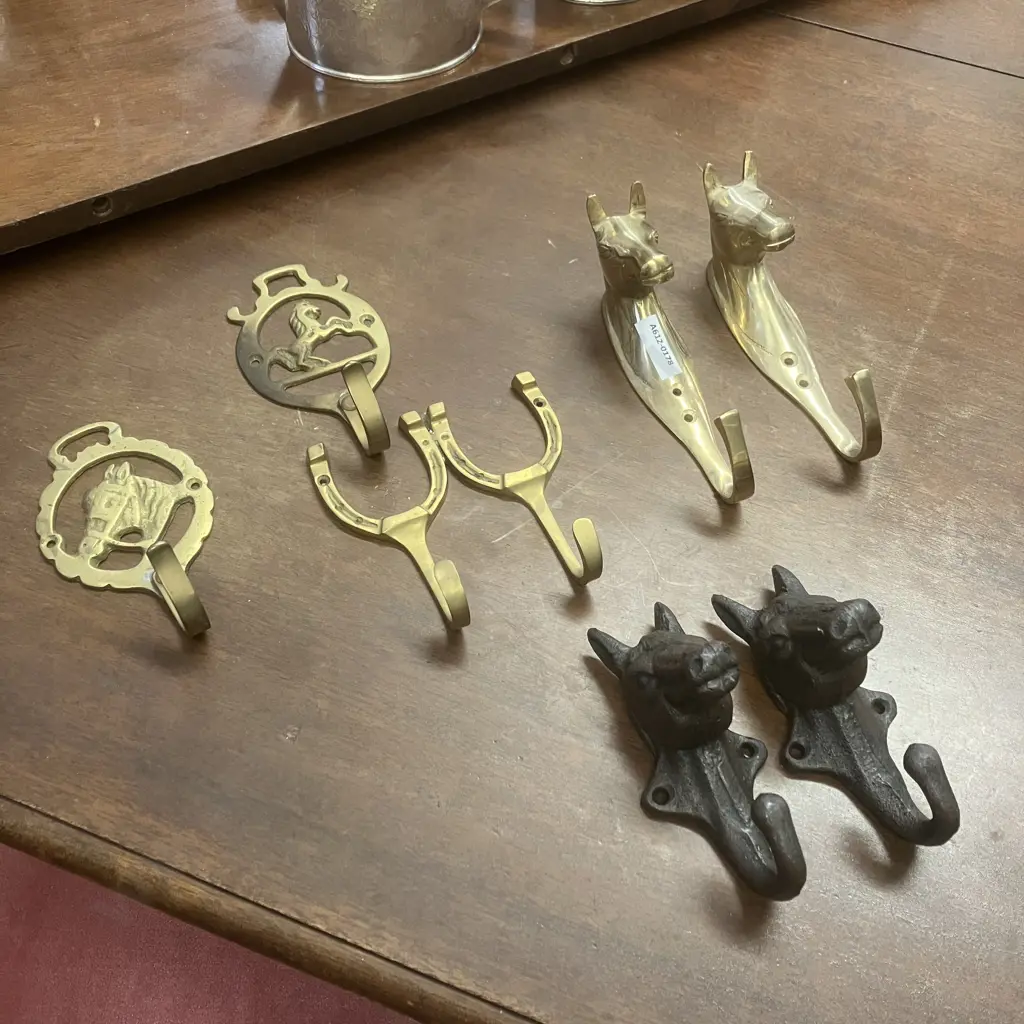 Lot of Seven Equestrian Brass / Cast Wall Hooks / Hangers Image 1++
