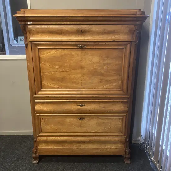 Antique Oak ? Secretaire Abattant Writing Bureau With Keys, 10 Drawers, Pull-out Writing Rest With Felt Inlay.