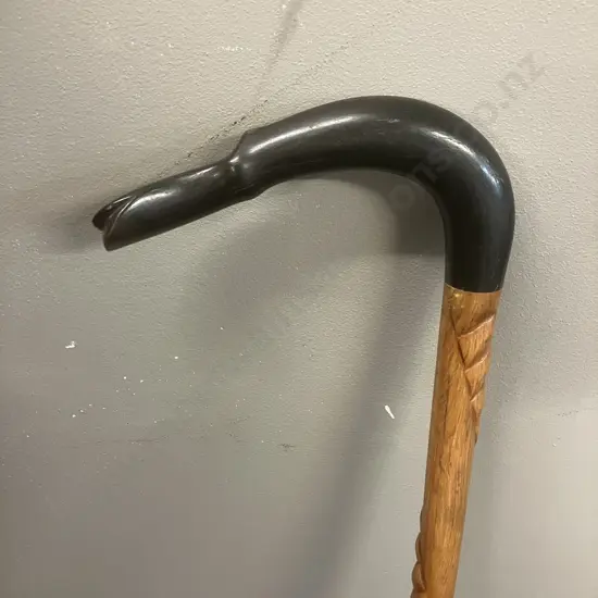 Vintage Walking Stick With Carved Shaft & Duck Shaped Handle. H93cm