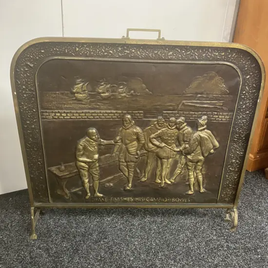 Vintage Brass Fire Screen Depicting Sir Francis Drake Playing Bowls On Plymouth Hoe. 72 x 77cm