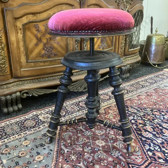 French Antique Napoleon III Piano Stool, Upholstered Cushioned Top, Screw Height Adjustable