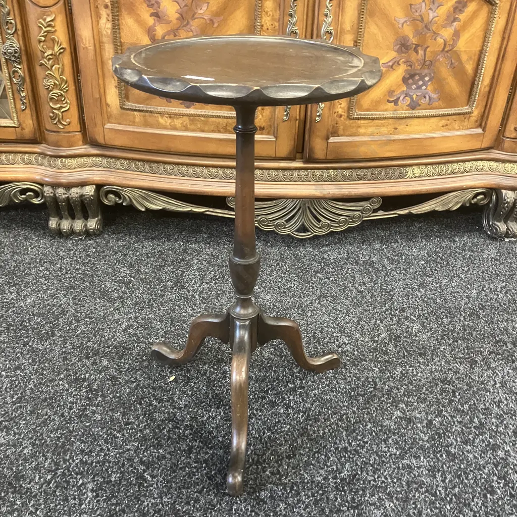 Mahogany Wine Table, With Round Top & Scalloped Edge, Pedestal To Three Legs. 52 x 30cm Image 1++