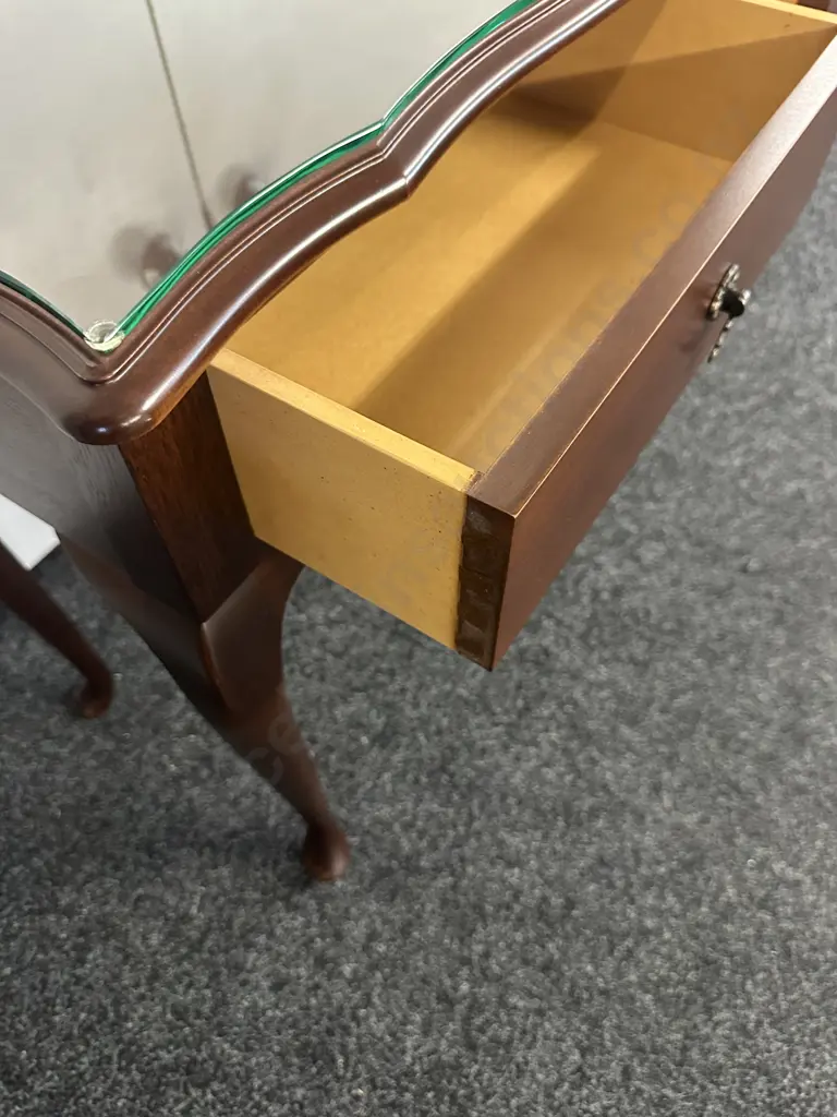 Baldwin Furniture Mahogany Console Table With Two Drawers, Cabriole Legs & Glass Top H70,W99,D37cm. Image 1++