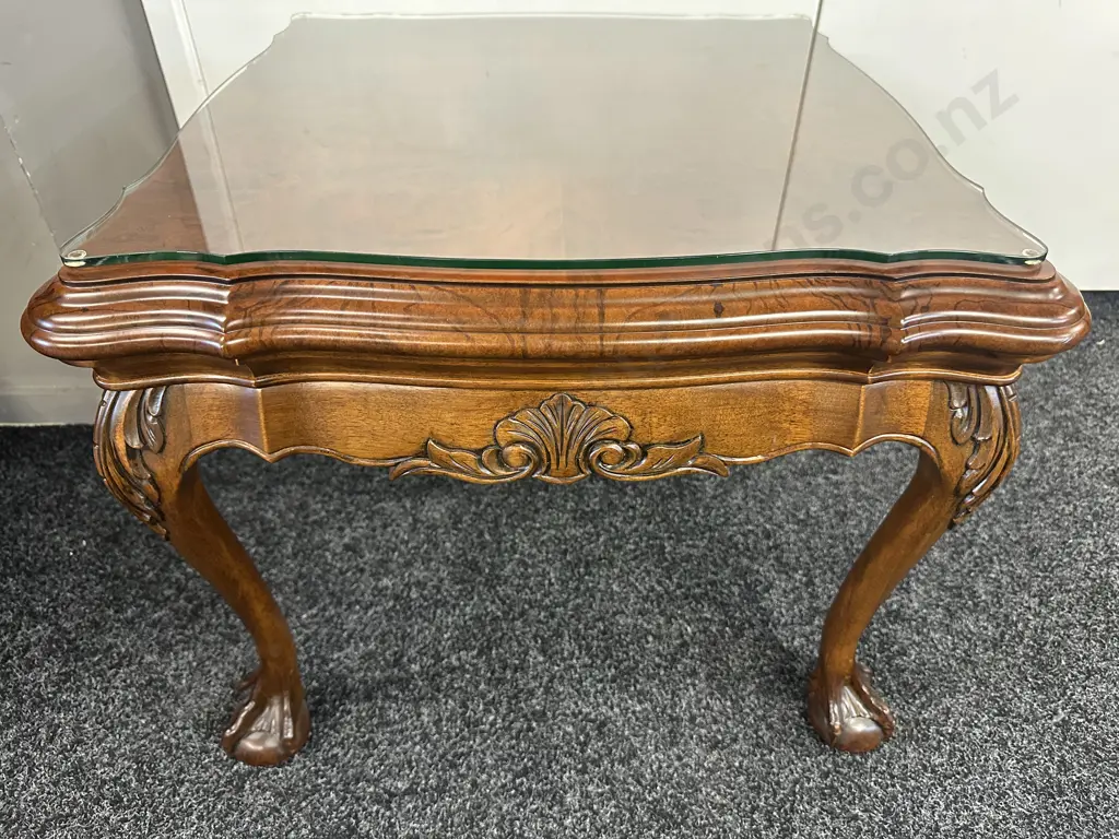 Ornate Walnut Square Side Table Scalloped Edged Claw Feet Glass Top H49,60x60cm. Image 1++