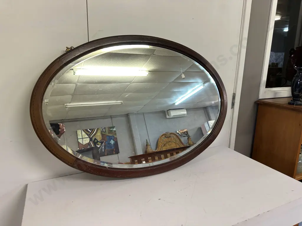 Antique Mahogany Oval Wooden Mirror Inlaid & Bevelled Edge Detail H60,W90cm. Image 1++