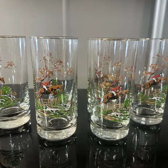 Set of 6 Vintage Hunting Themed High Ball Tumbler Glasses