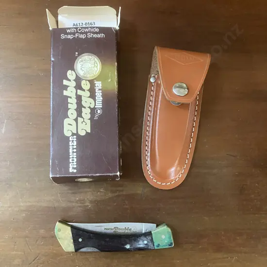 Vintage Imperial Frontier Double Eagle 4515-U Lock Blade Knife With Cowhide Snap-Flap Sheath - Original Box