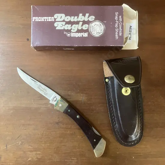 Vintage Imperial Frontier Double Eagle 4515-U Lock Blade Knife With Cowhide Snap-Flap Sheath - Original Box