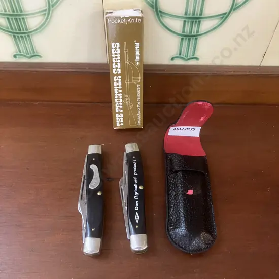 Vintage 1970s Frontier (Imperial) USA 4434 3 Blade Stockman Knives x 3 - Original Box x 1 & Leather Look Sheath x 1