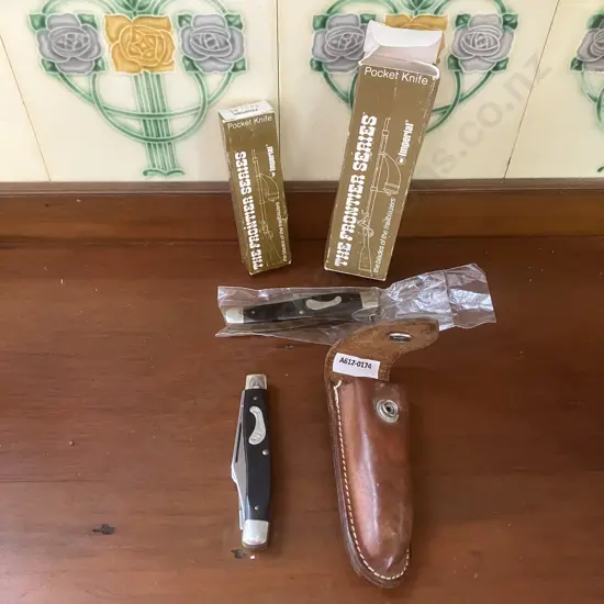 Vintage 1970s Frontier (Imperial) USA 4434 3 Blade Stockman Knives x 3 - Original Boxes x 2 & Leather Snap Back Sheath