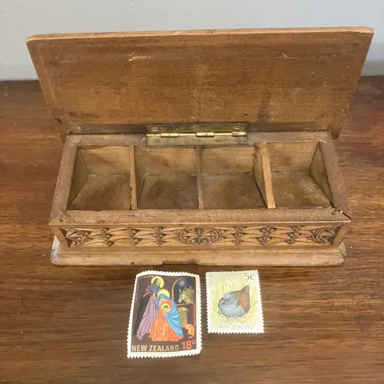 Art Deco Amsterdamse School - Carved Batik Pattern Stamp Box, Signed 'RW' c1910-1930