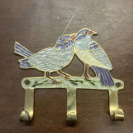 Vintage Brass & Enamel  Birds Three Hook Rack, Wall Mount. 11.5 x 13.5cm
