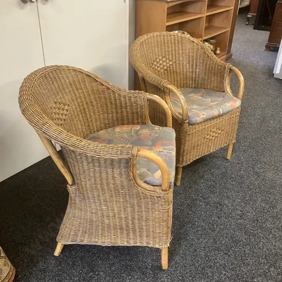 Pair of Rattan Armchairs With Patterned Cushions
