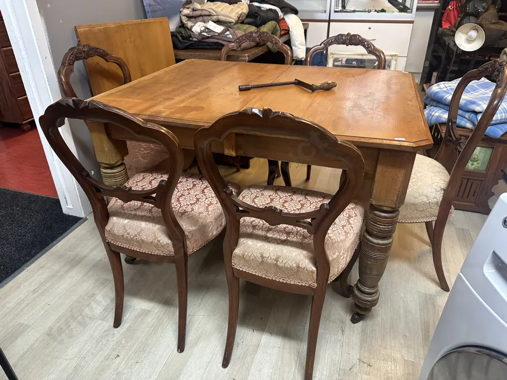 Crank Extension Dining Table With Extra Leaf & Set of 6 Victorian Antique Ballon Back Side Chairs Image 1++