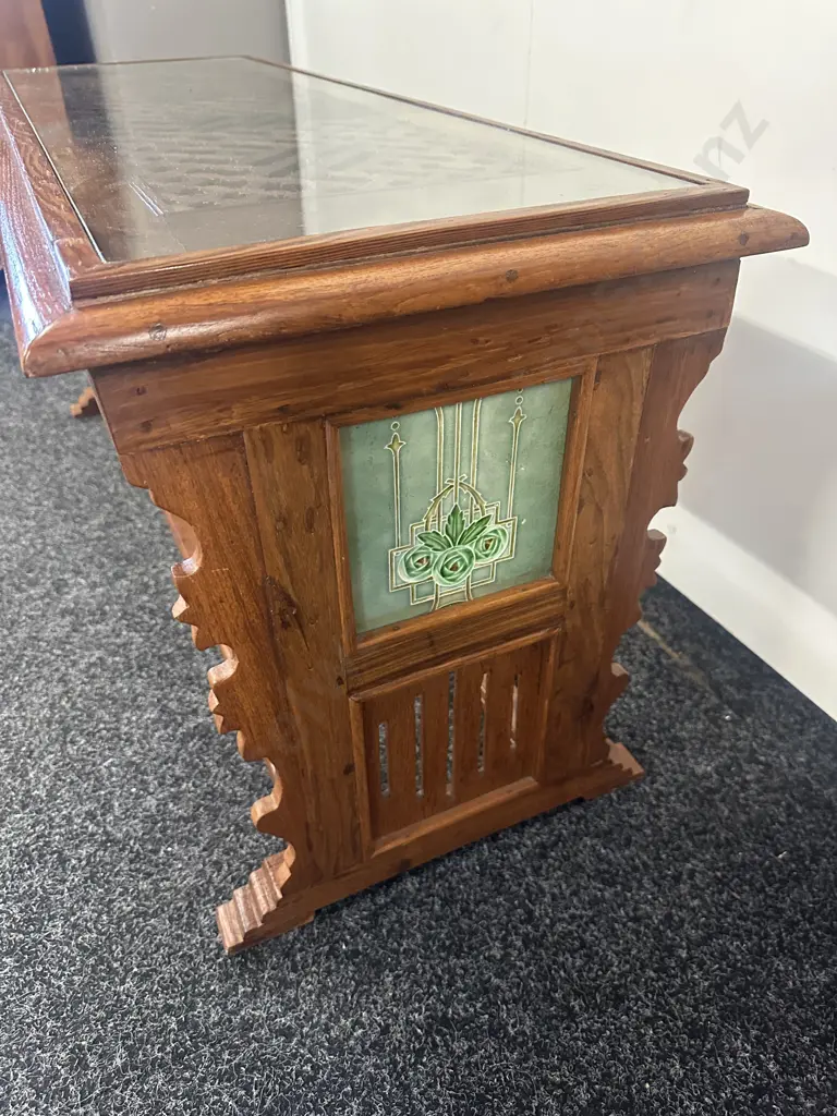 Wooden Console/Coffee Table With Lattice Detail & Glass Top H49,W102,D39cm. Image 1++