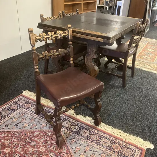 Spanish Antique Oak Draw Leaf Table With 4 Ornate Carved Back / Brown Leather Seat Dining Chairs. H77 W121/181 D83.5cm