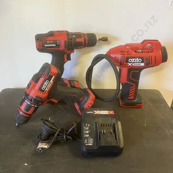 Ozito XpowerXchange 18V Drill Drivers x 2, High Pressure Inflator, 2.5Ah Battery & Charger