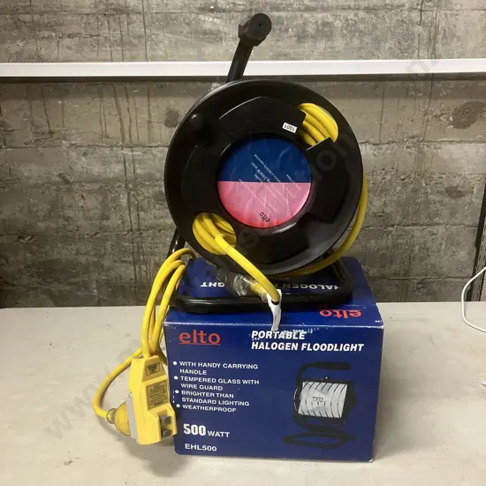 Elto 15M Heavy Duty Extension Lead & Reel, Portable Halogen Floodlight & HPM 10Amp 2400W Residual Trip