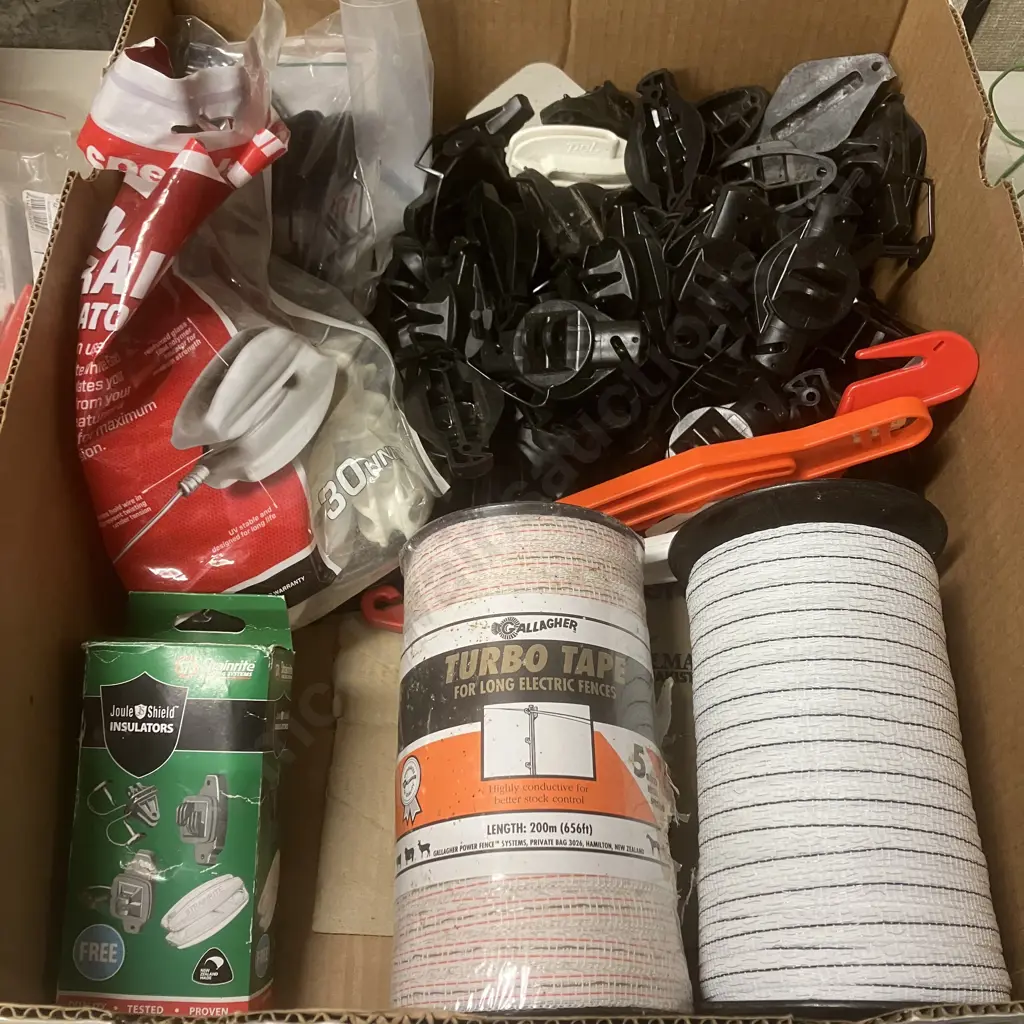 Box lot Assorted Electric Fence Insulators, Turbo Tape Etc Image 1++