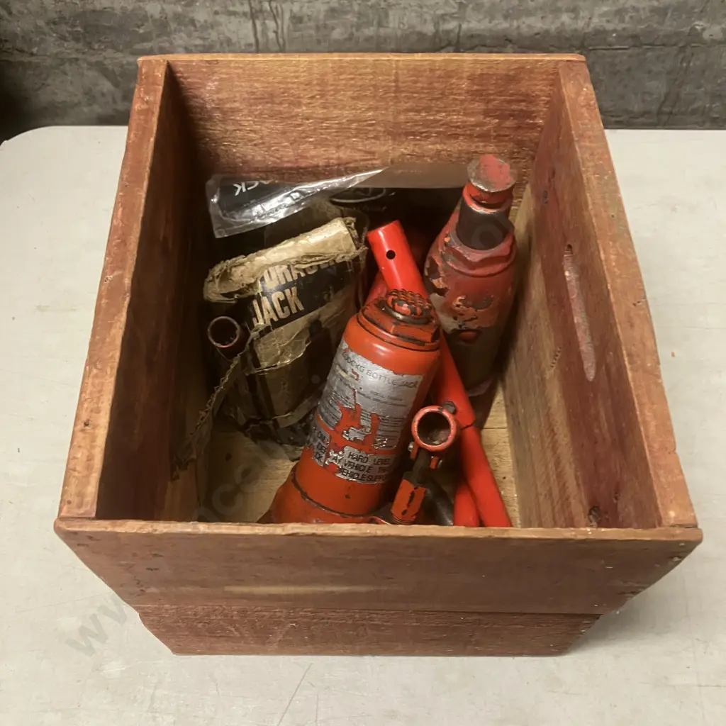Three Assorted Bottle Jacks IN Wooden Box Image 1++