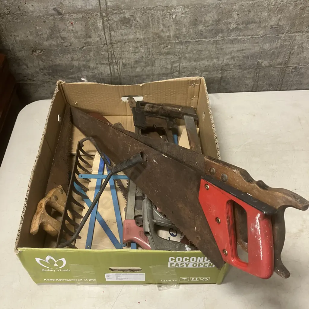 Box Lot Saws, Clamp, Hatchet Etc Image 1++