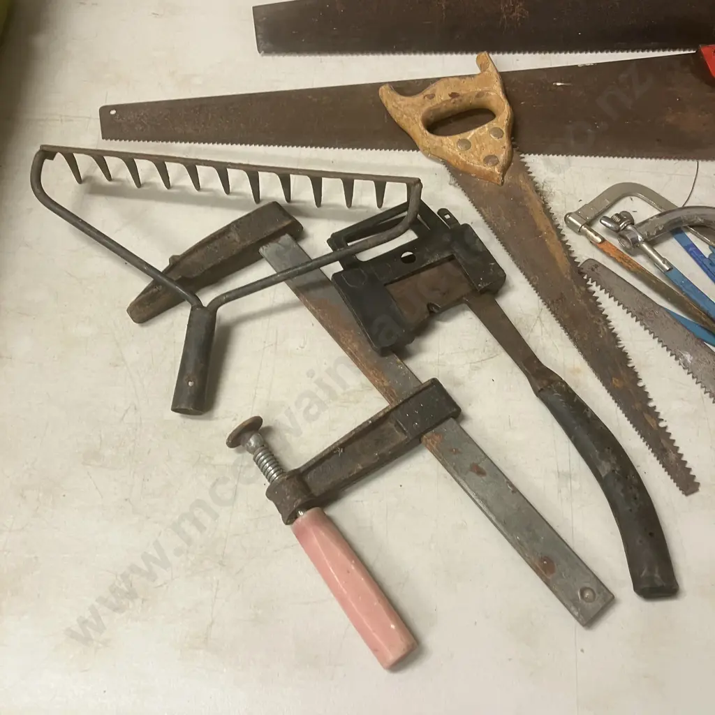 Box Lot Saws, Clamp, Hatchet Etc Image 1++