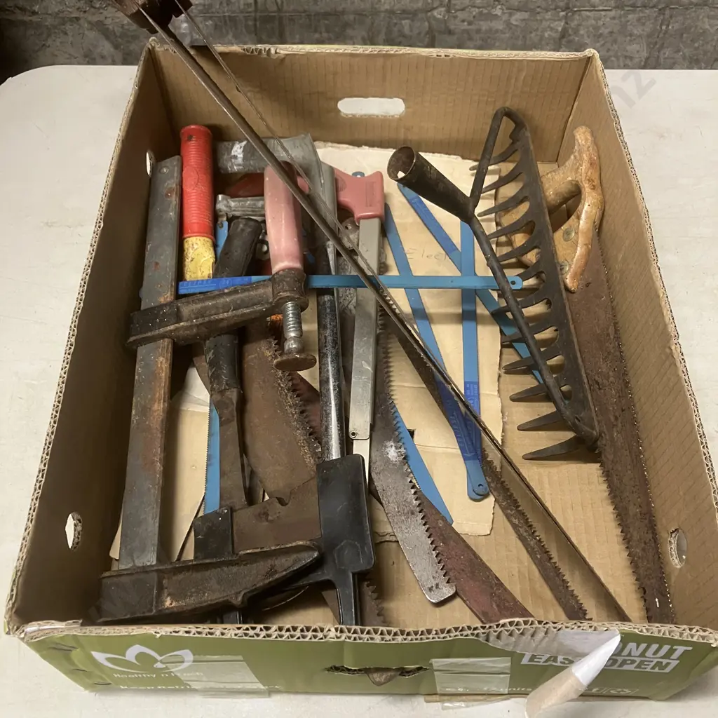 Box Lot Saws, Clamp, Hatchet Etc Image 1++