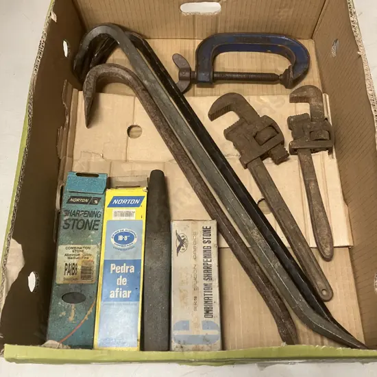 Box Lot Crowbars x 3, Sharpening Stones, Clamp Etc