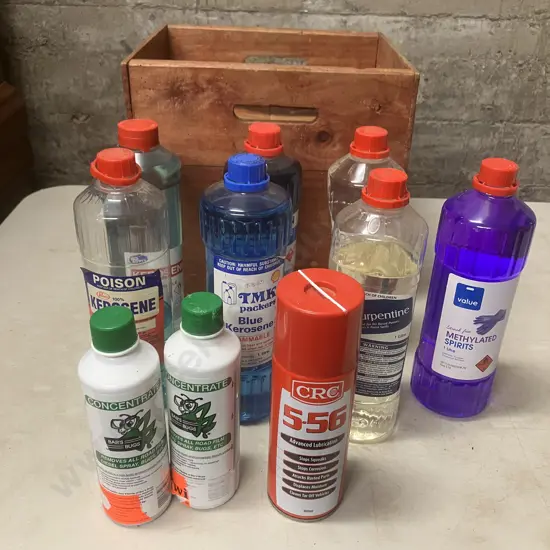 Turps, Kerosene, Methylated Spirits, CRC & Bars Bugs In Wooden Box