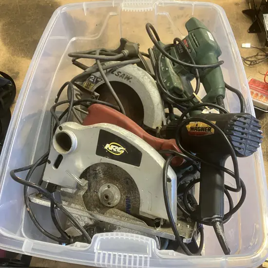 Clear Bin Power Tools Etc - Bosch Sander, Circular Saws
