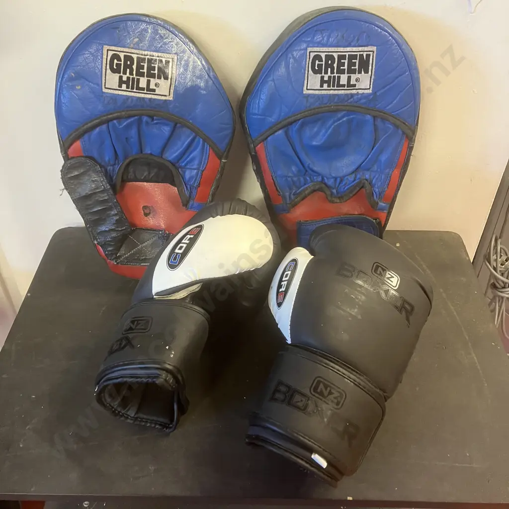 Pair of NZ Boxer Brand Boxing Gloves, 12 oz, Black & White With Pair of Green Hill Focus Pads Special Image 1++