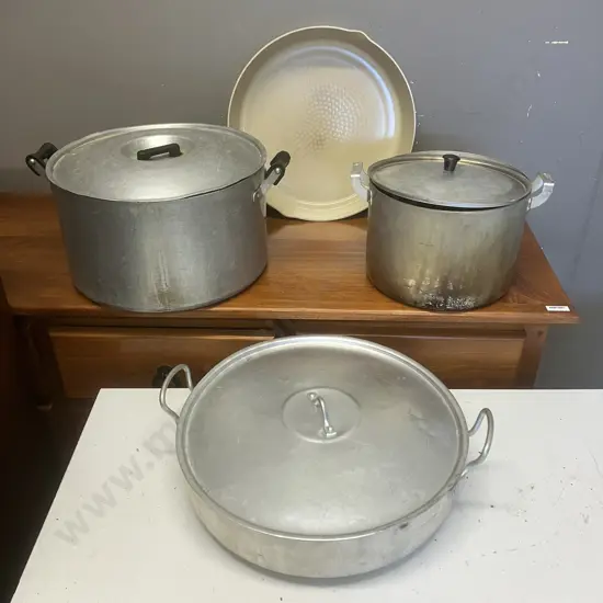 Vintage Aluminum Stockpots, 35.5cm Paella Dish & 35.5cm Wooden Handled Frypan