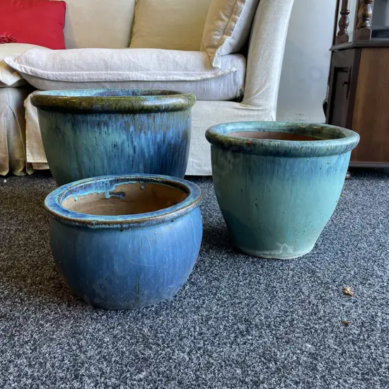 Three Terracotta Garden Pots with teal/blue/green drizzle glaze