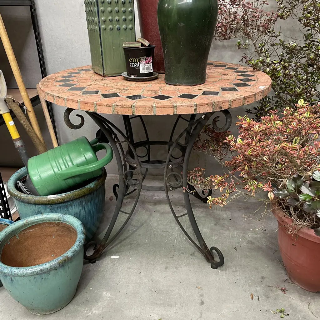 Outdoor Garden Table. Heavy iron frame with concrete Mosaic top (removable). H74 Dia90cm Image 1++