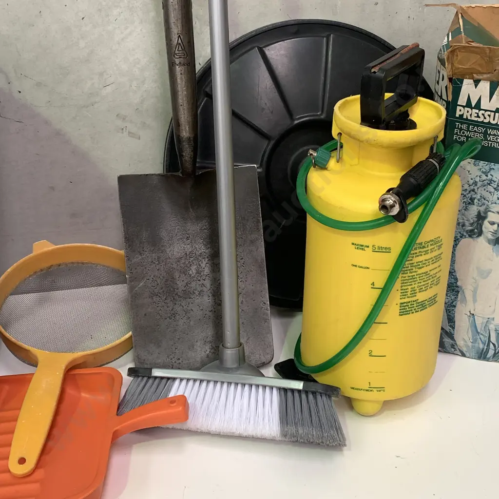 Large Blue Rubbish Bin with Assorted Tools incl Master Pressure Spray Pump, Spade, Broom etc Image 1++
