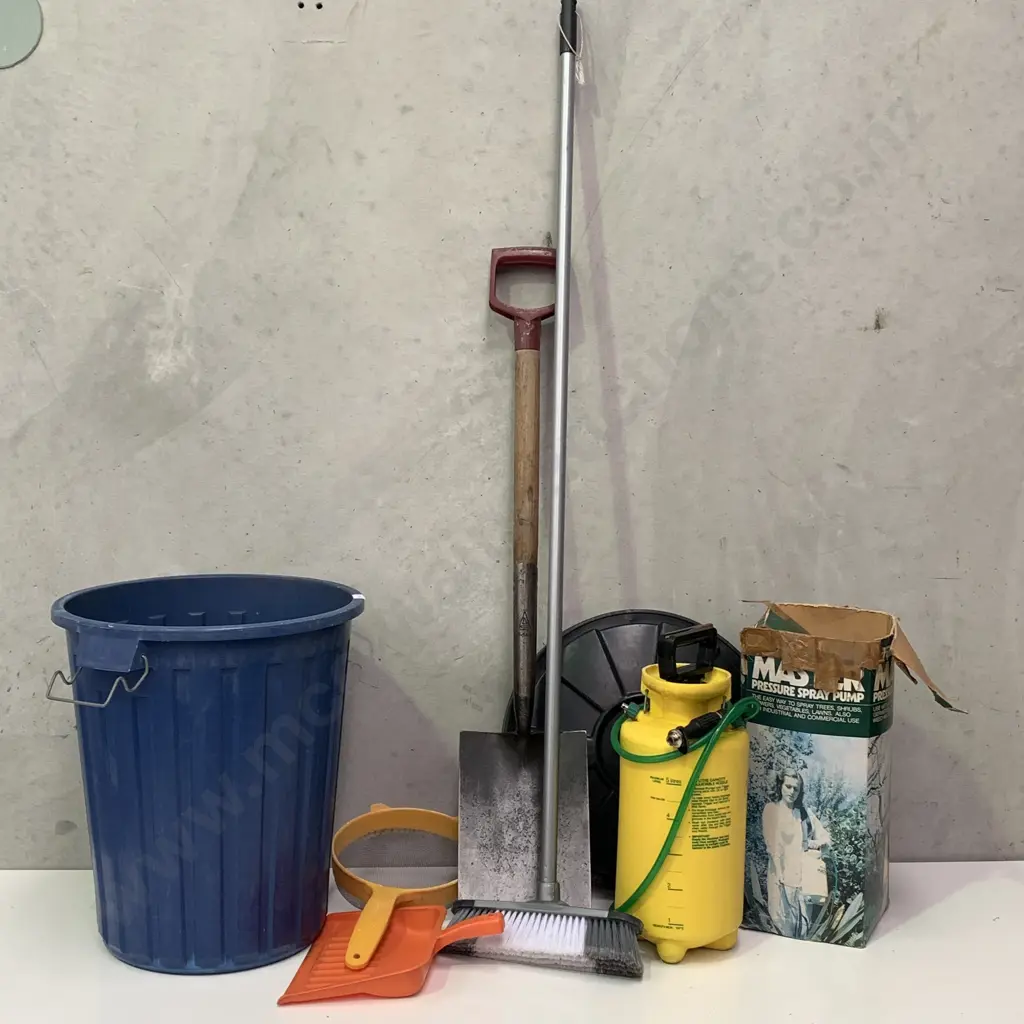 Large Blue Rubbish Bin with Assorted Tools incl Master Pressure Spray Pump, Spade, Broom etc Image 1++