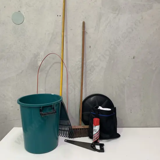 Large Green Rubbish Bin with Assorted Garden Tools including Rake, Broom, Silicon Spray, clothsetc